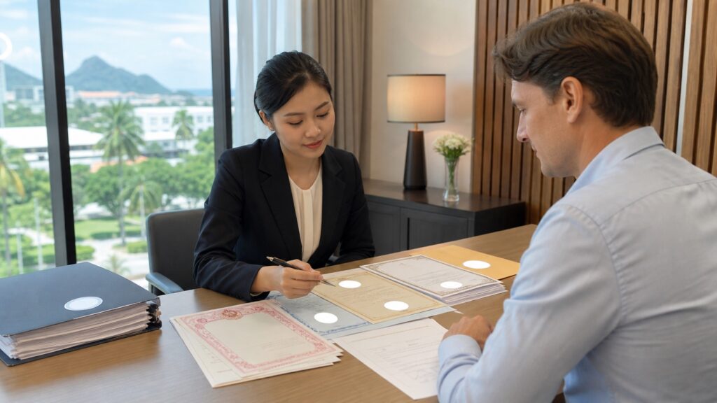 Professional preparing translated documents for legalisation in Thailand