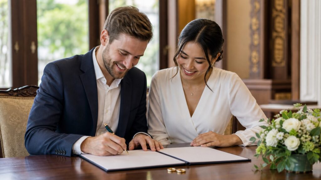 International couple registering their marriage in Thailand