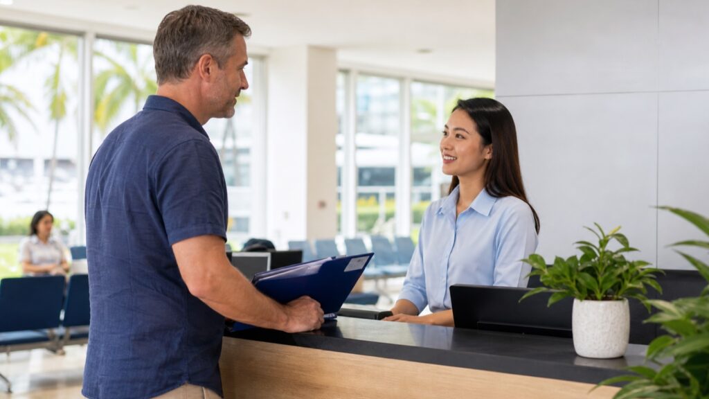Prepared visitor speaking with an administrative officer in Hua Hin