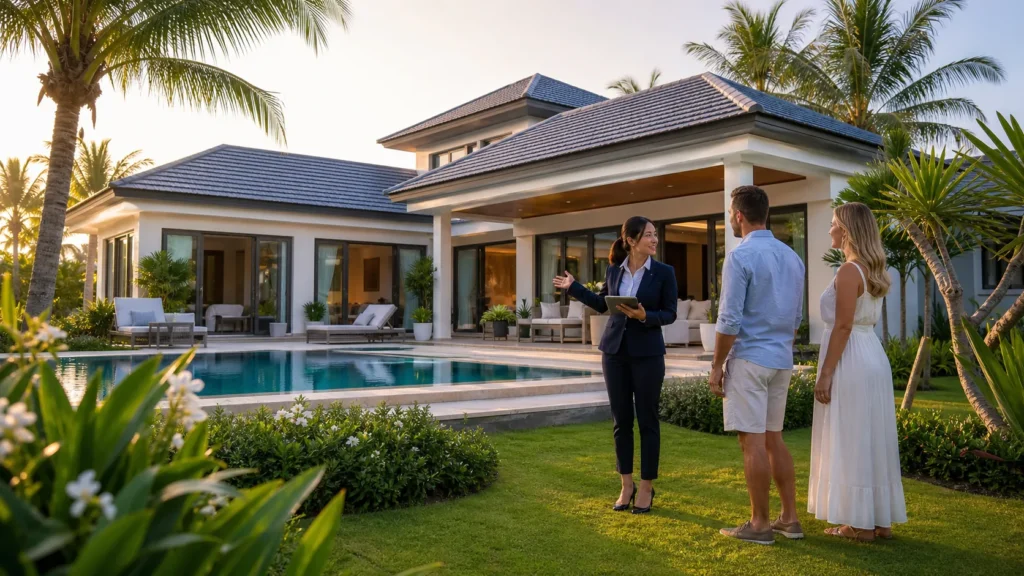 Hua Hin property adviser showing a tropical villa to international clients
