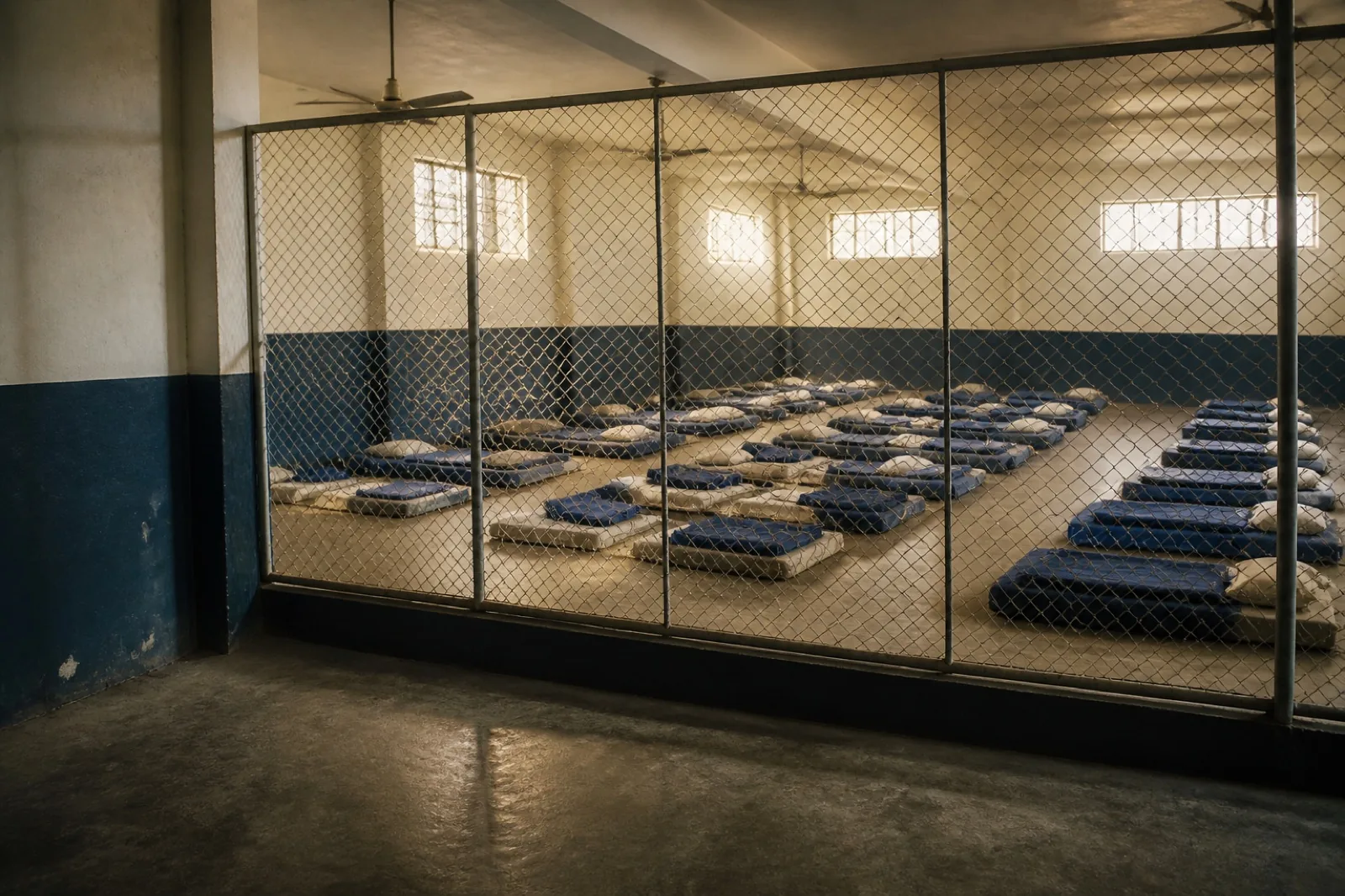 Representative crowded immigration detention sleeping area illustrating reported IDC conditions