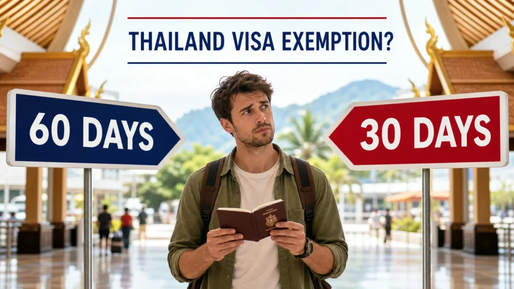 Resenär och skyltar som jämför 60 och 30 dagars viseringsfri vistelse i Thailand