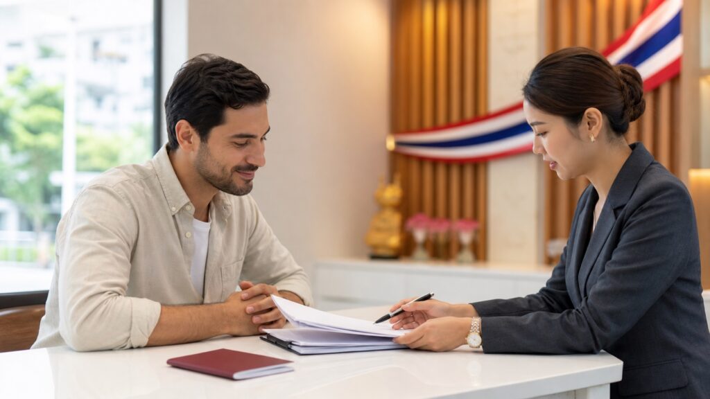 Applicant reviewing Thai citizenship documents with an adviser
