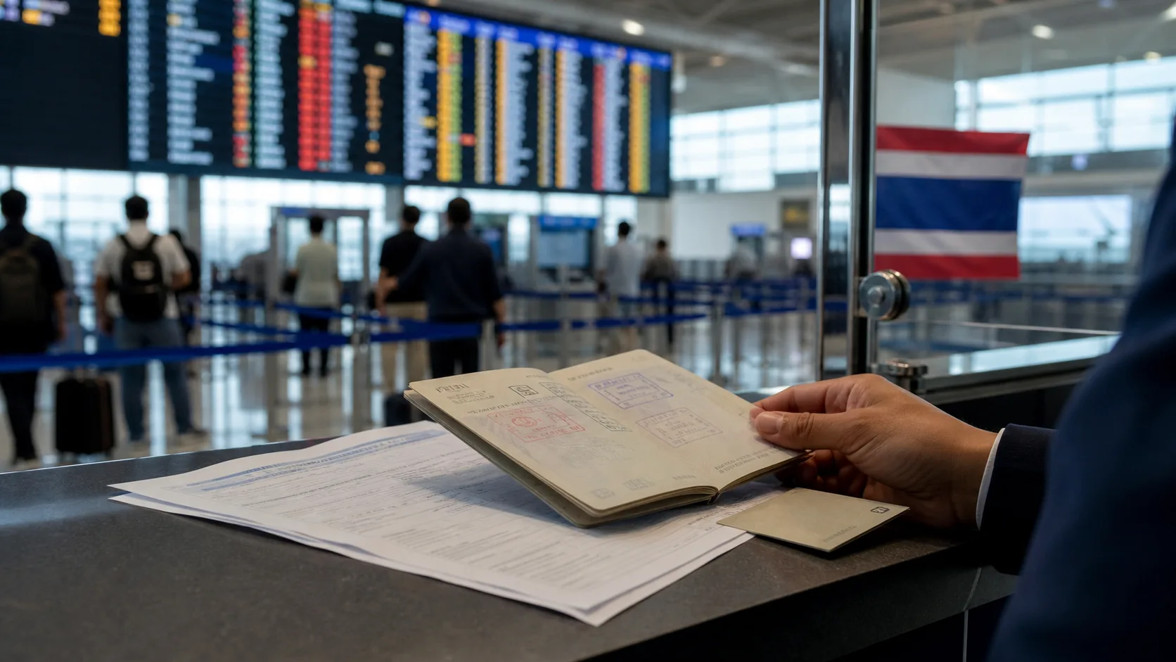 Passport and documents at a Thai airport immigration counter