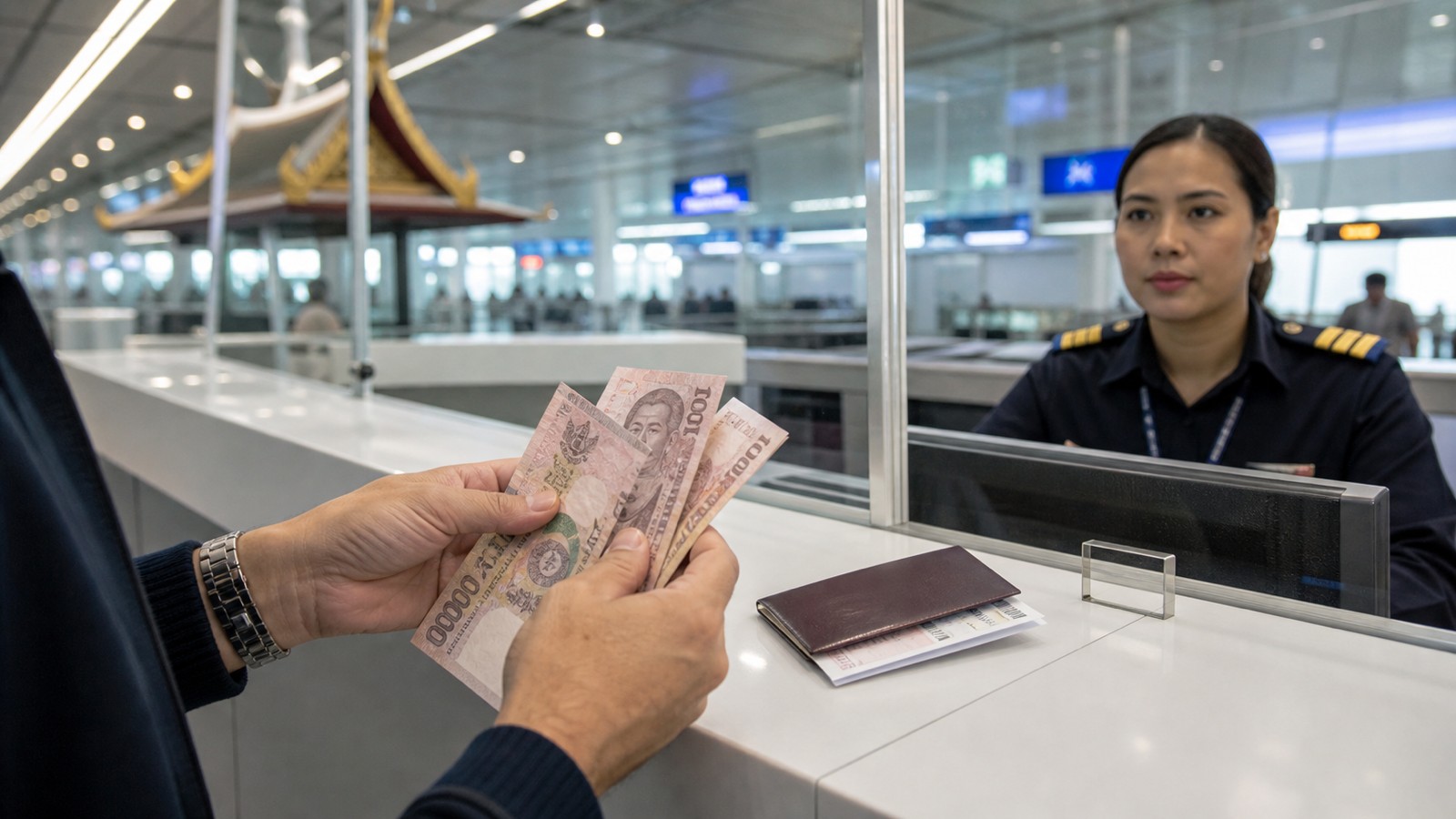 Traveller counting Thai baht at a Thai airport immigration counter