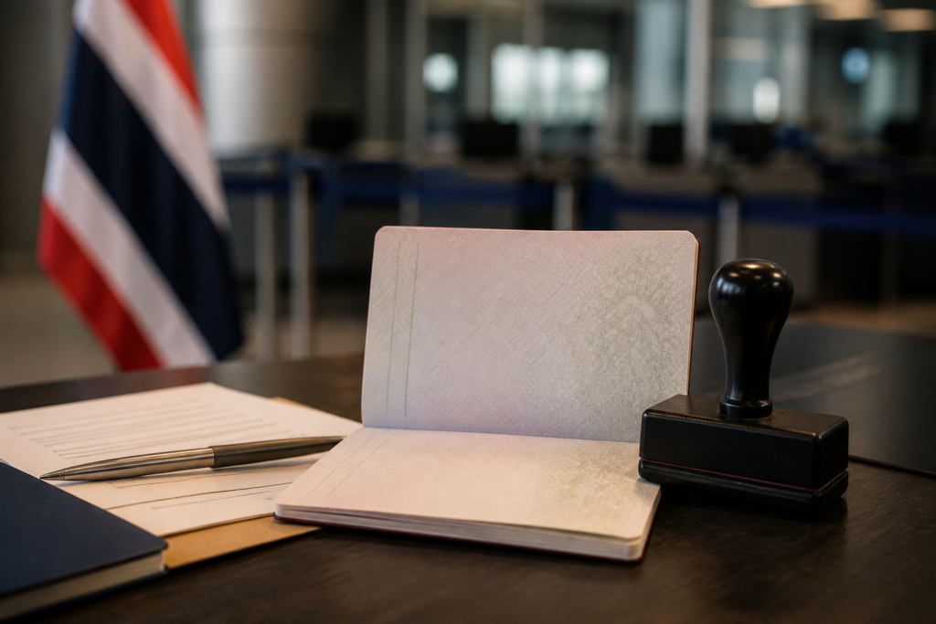 Thai immigration desk with passport and entry stamp for the 2026 visa-exemption changes