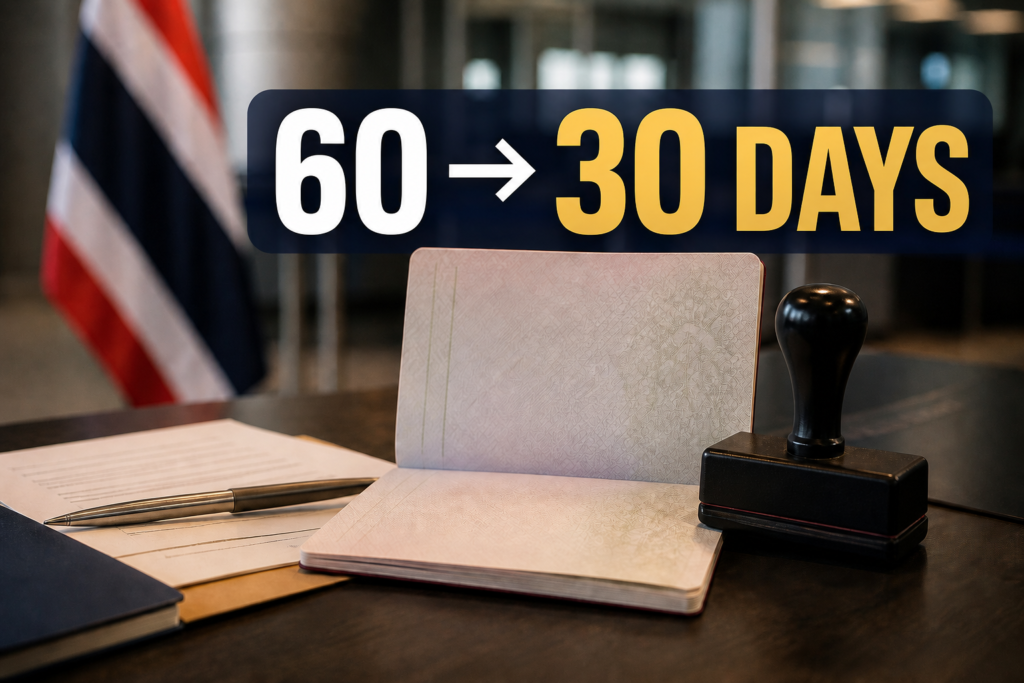 Thai immigration desk with large 60 to 30 days headline for the 2026 visa-exemption changes