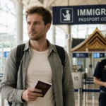 Traveller at Thai immigration following a warning that serious misconduct may lead to visa revocation