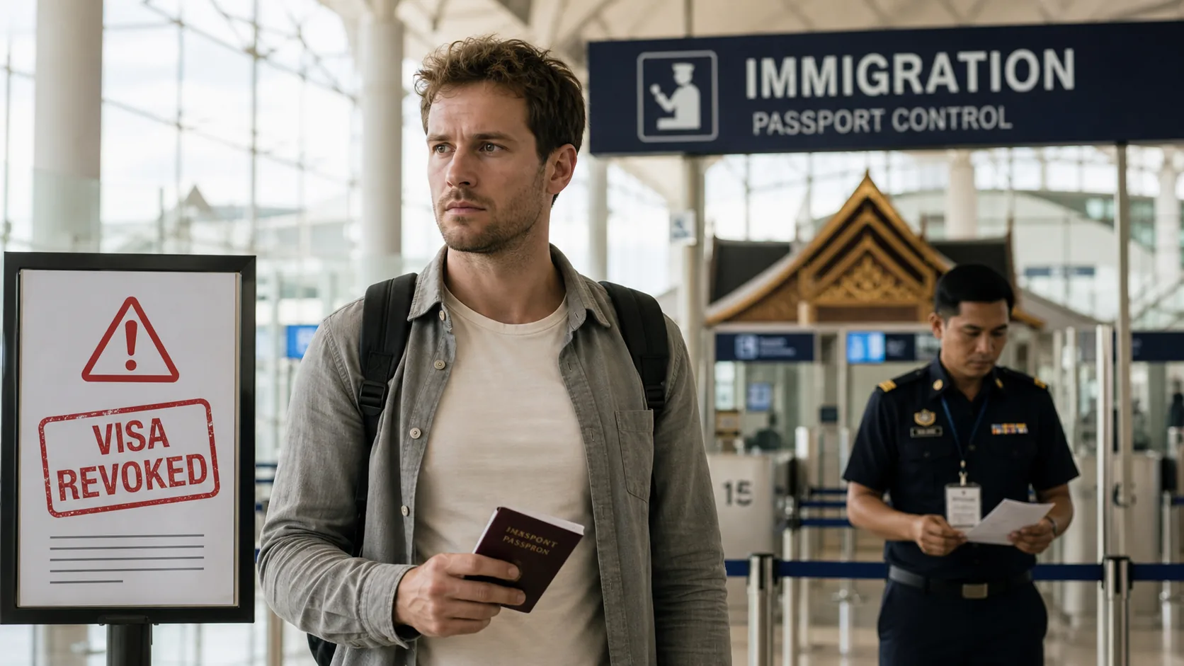 Traveller at Thai immigration following a warning that serious misconduct may lead to visa revocation