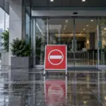 Illustration of a closed office entrance in Bangkok after heavy rain