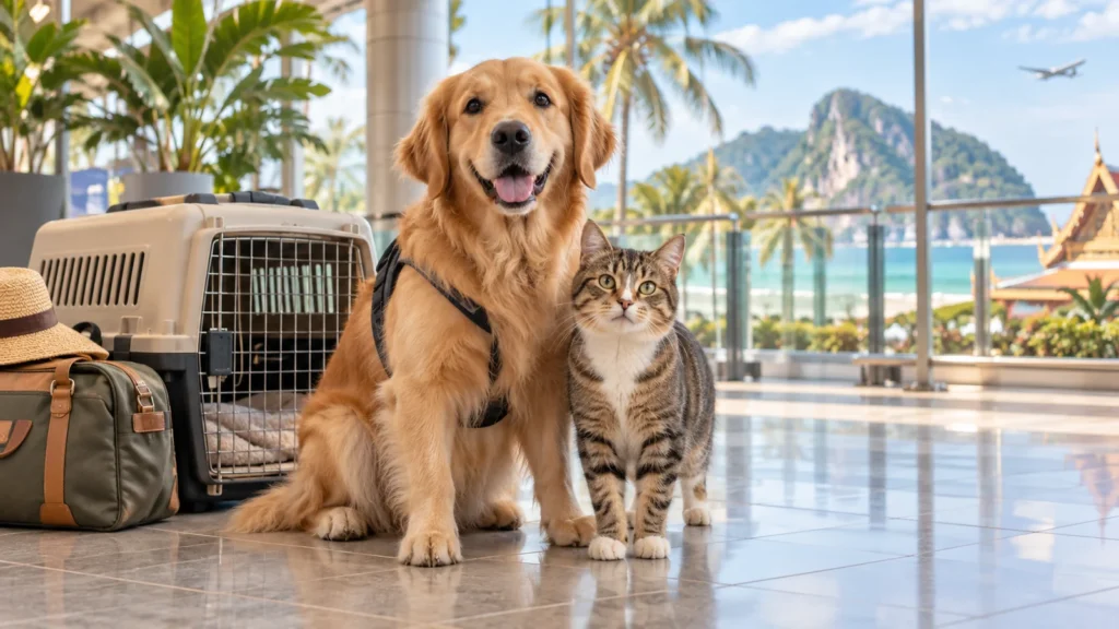 A golden retriever and tabby cat arriving in tropical Thailand with a pet carrier