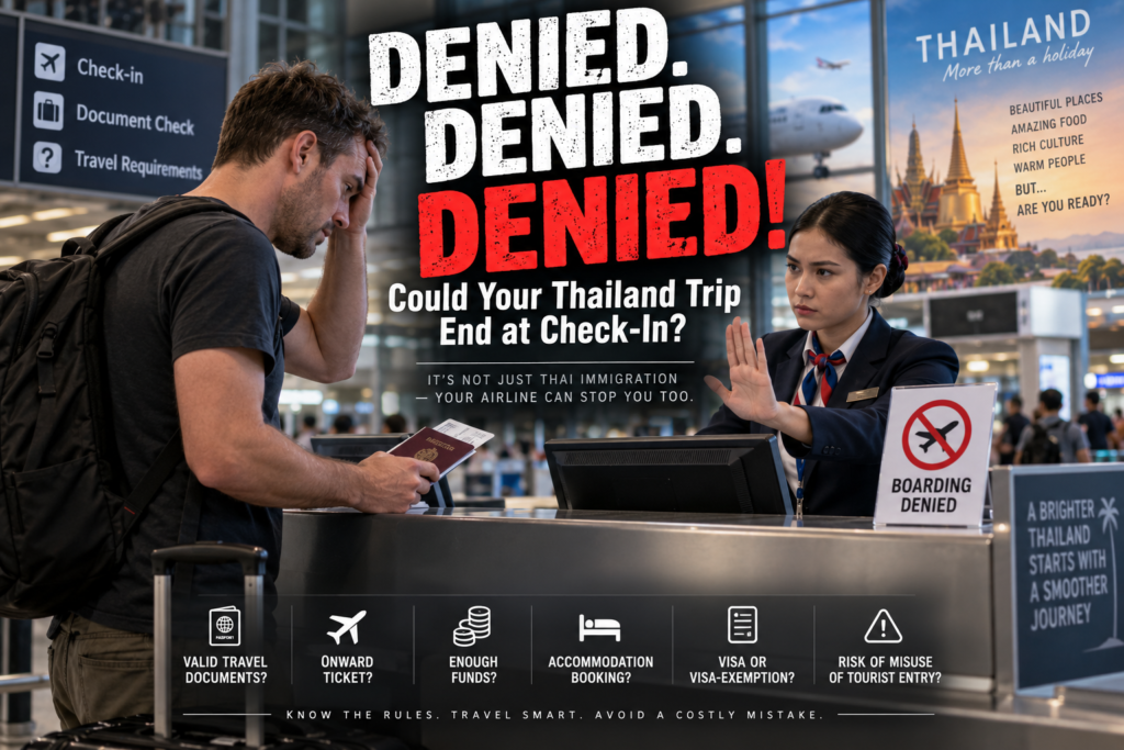 Traveller stopped at airline check-in beneath DENIED headlines before a Thailand trip