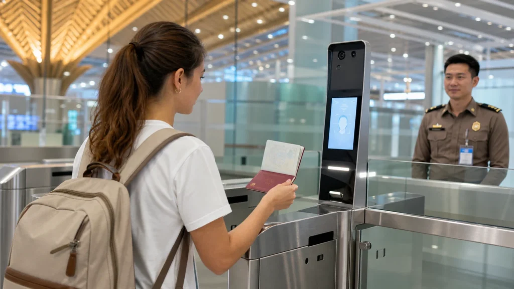 Traveller using an automated passport gate at a Thai airport