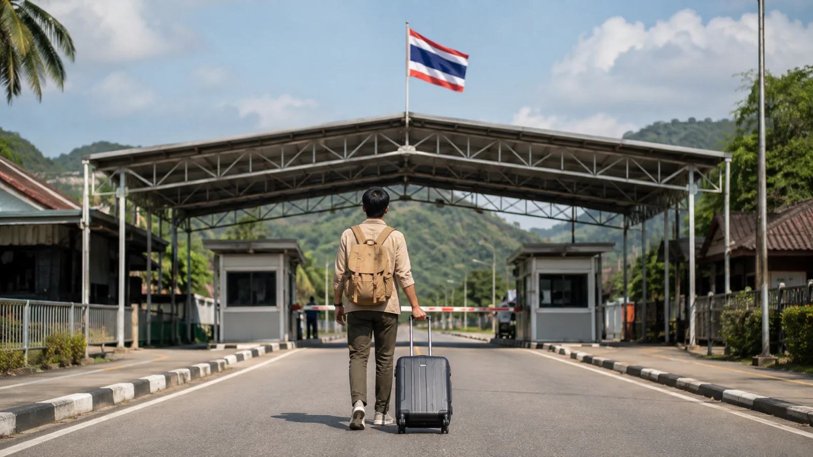 Traveller with a small suitcase approaching a Thai land-border checkpoint beneath a Thai flag