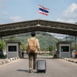 Resenär med en liten resväska på väg mot en thailändsk landgränskontroll under en thailändsk flagga