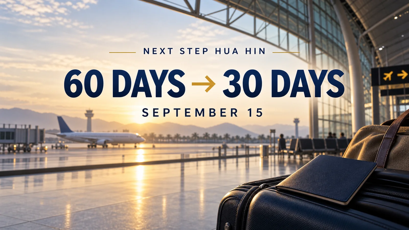Passport and airport scene with 60 days changing to 30 days on September 15
