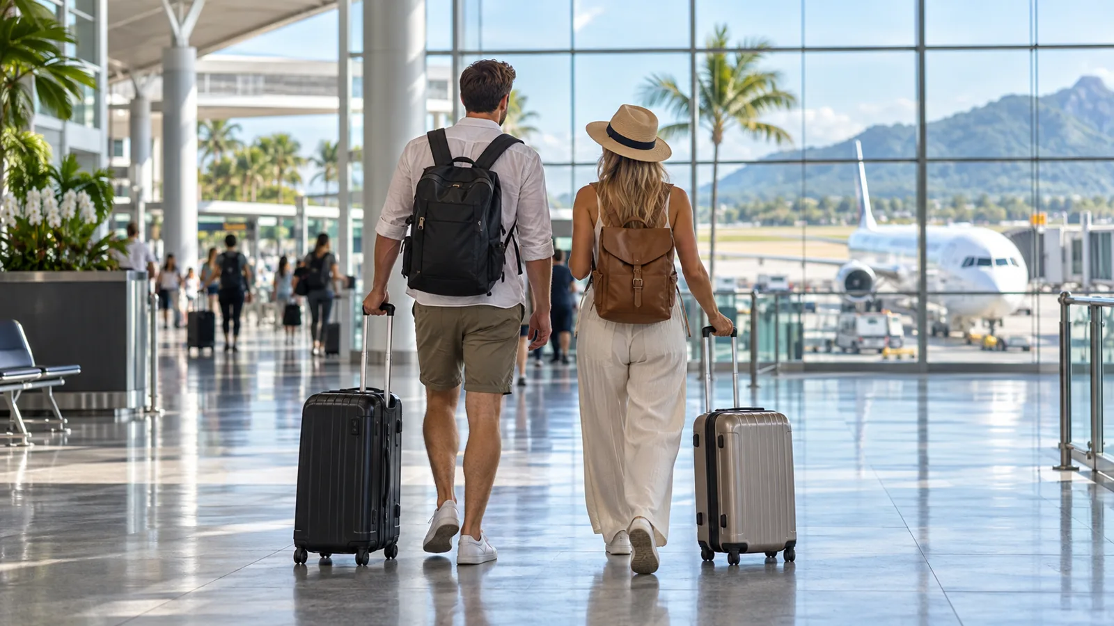 Travellers with luggage in a bright Thai airport terminal