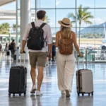 Resenärer med bagage i en ljus thailändsk flygplatsterminal