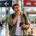 Confused traveller choosing between air and land entry routes into Thailand