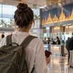 Reisender am thailändischen Flughafen prüft Informationen zur Einreise