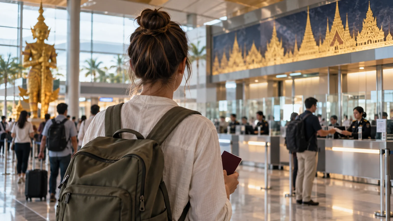 Traveller at a Thai airport checking entry information before arrival