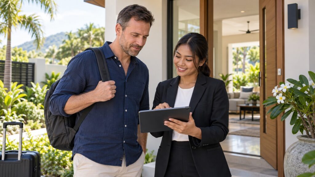 Foreign resident and Thai property representative reviewing accommodation details at a Hua Hin home