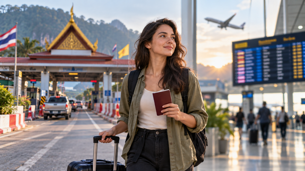 Traveller with passport near a Thailand border checkpoint