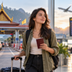 Traveller with passport near a Thailand border checkpoint