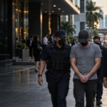 Thailändsk turistpolis eskorterar en anonym utländsk man under en utredning av ett vandrarhem i Chiang Mai