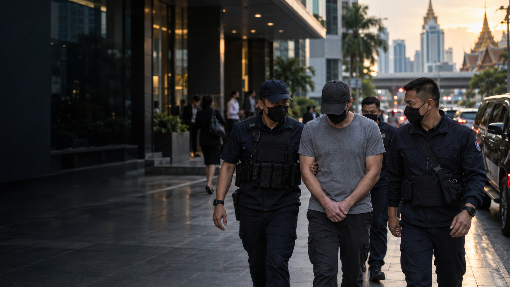 Thai tourist police escorting an anonymous foreign man during a Chiang Mai hostel investigation