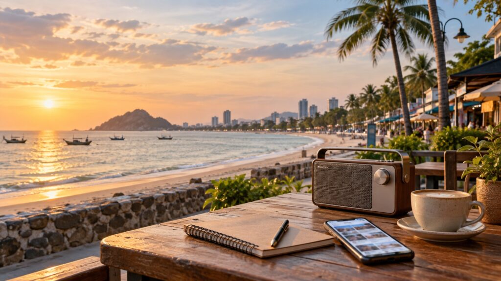 Hua Hin media scene with a tabletop radio, smartphone and seaside town background
