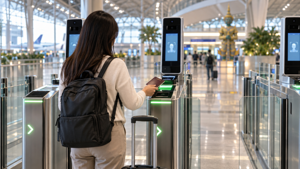 Traveller using an automated immigration gate at a Thai airport
