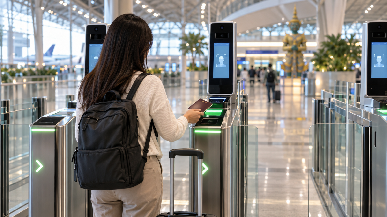 Traveller using an automated immigration gate at a Thai airport