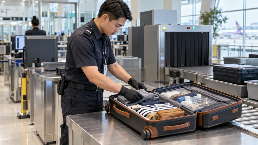 Thai airport security officer inspecting an open suitcase beside checked-baggage screening equipment