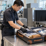 Thai airport security officer inspecting an open suitcase beside checked-baggage screening equipment