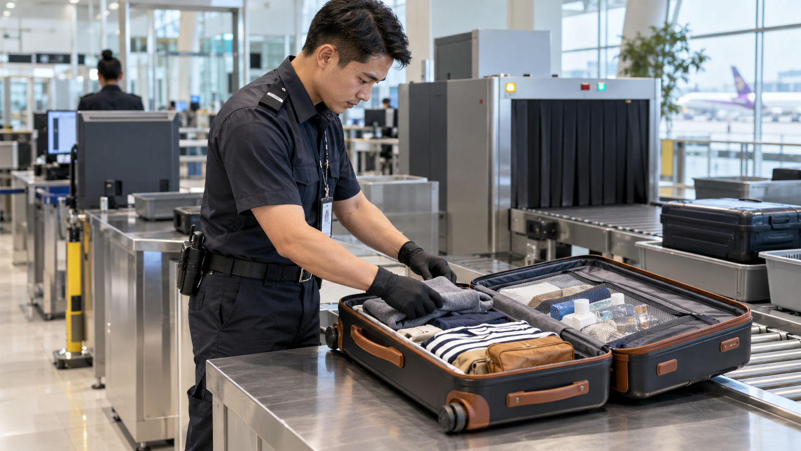 Thai airport security officer inspecting an open suitcase beside checked-baggage screening equipment