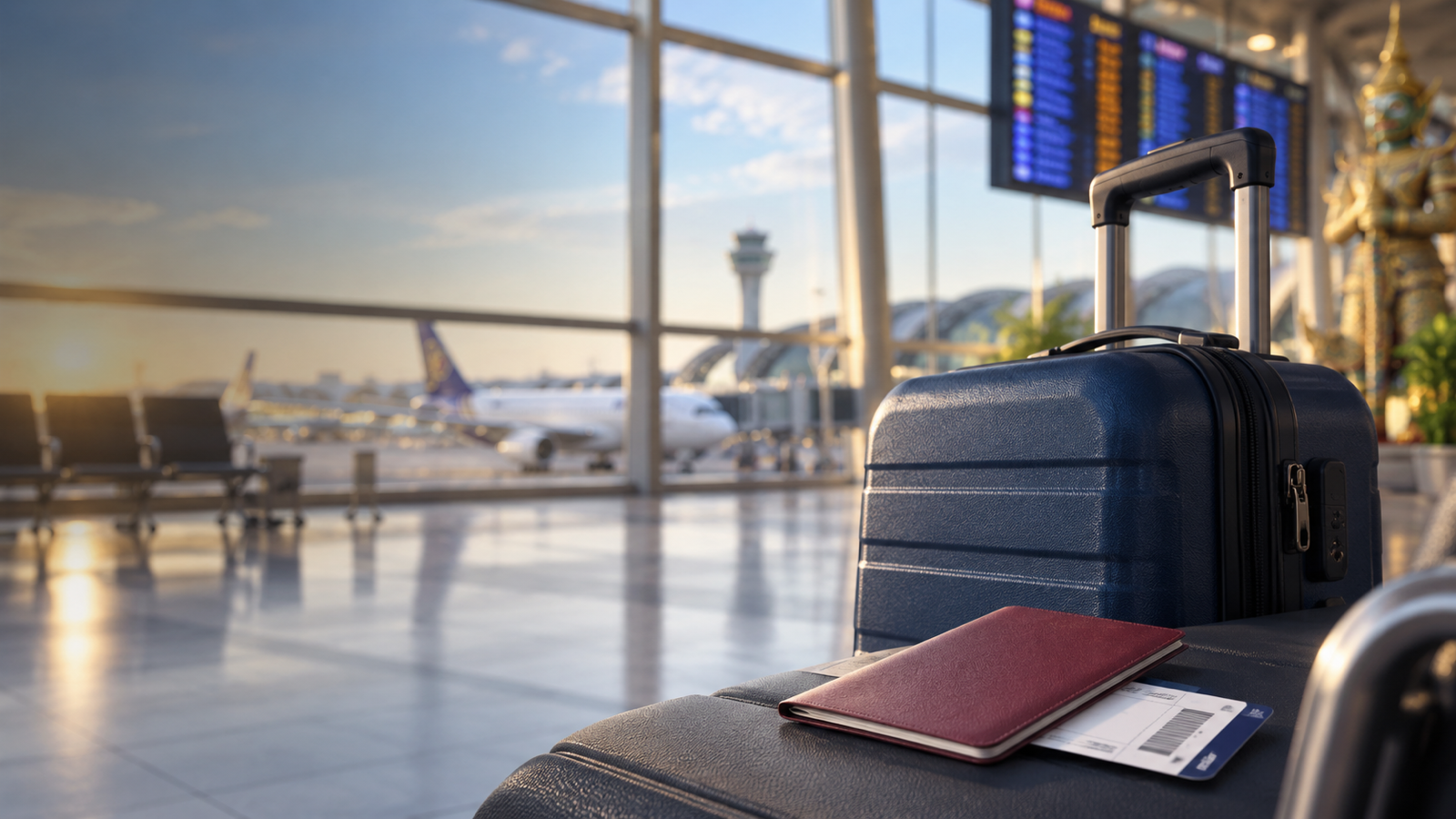Suitcase and passport in a Thai airport departure hall