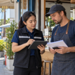 Thai labour inspector checking a foreign worker’s work authorisation at a Hua Hin business