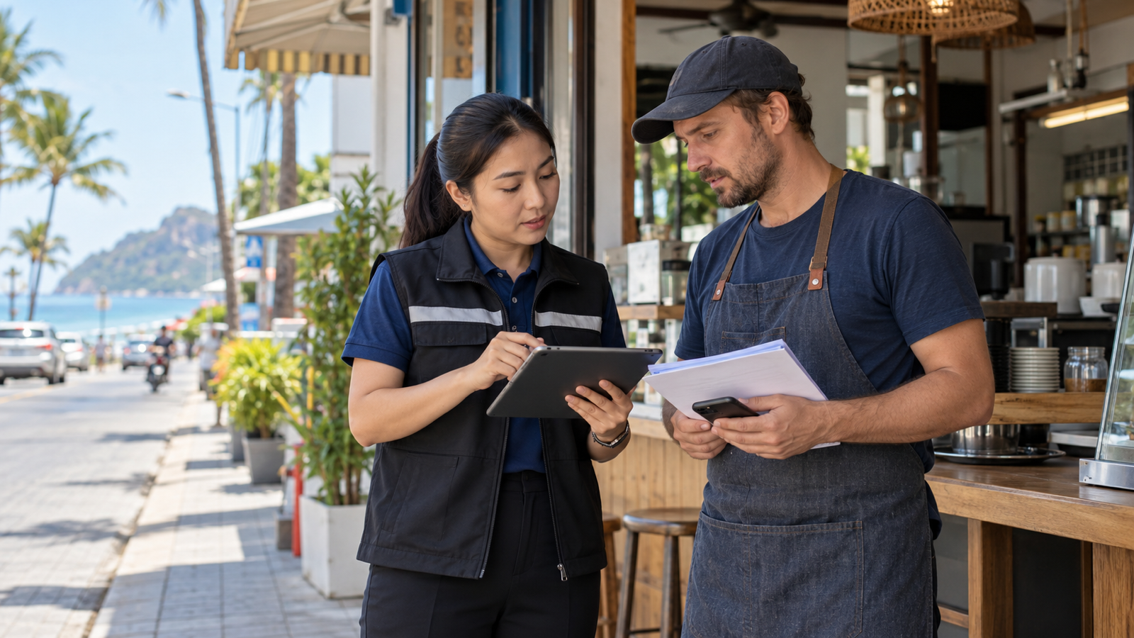 Thai labour inspector checking a foreign worker’s work authorisation at a Hua Hin business