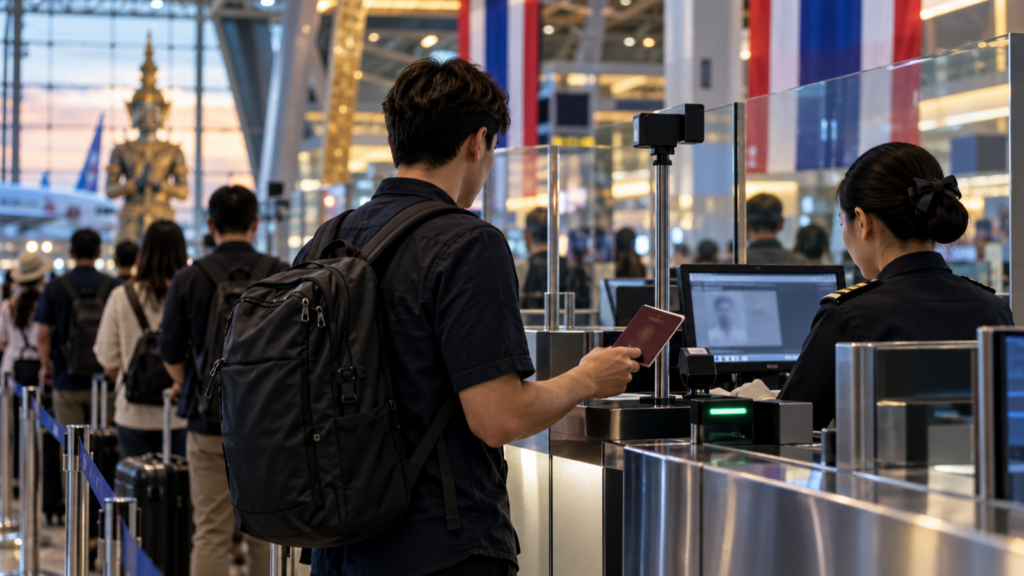 Traveller presents a passport for immigration screening at a Thai airport