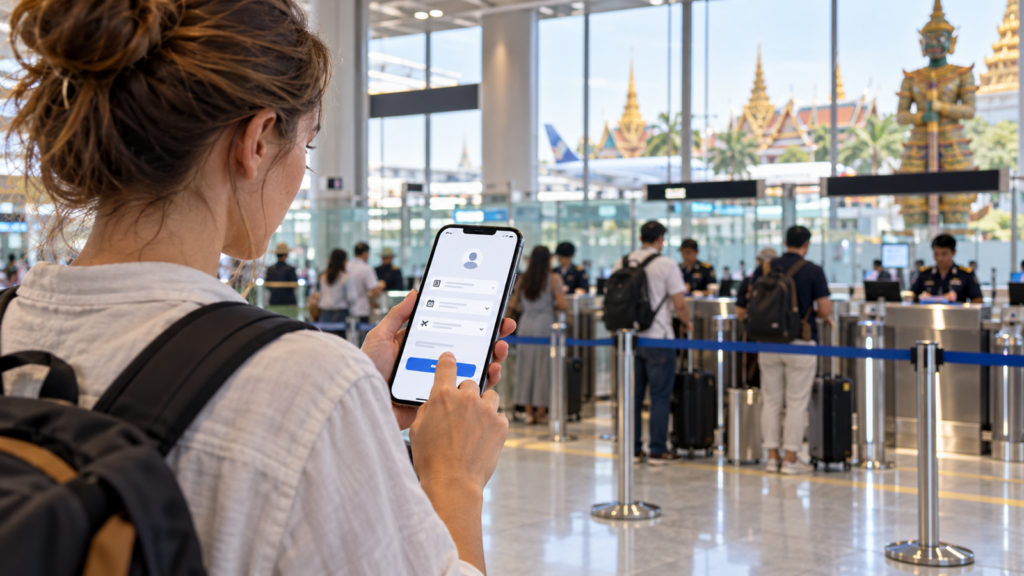 Traveller using Thailand THIM immigration app at an airport